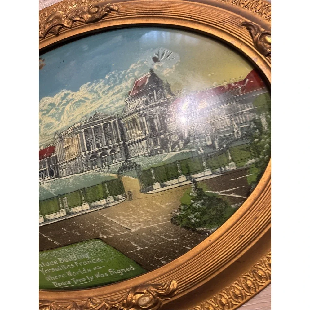 Antique Reverse Painted Bubble Glass Versailles France Gilded Oval Frame 24